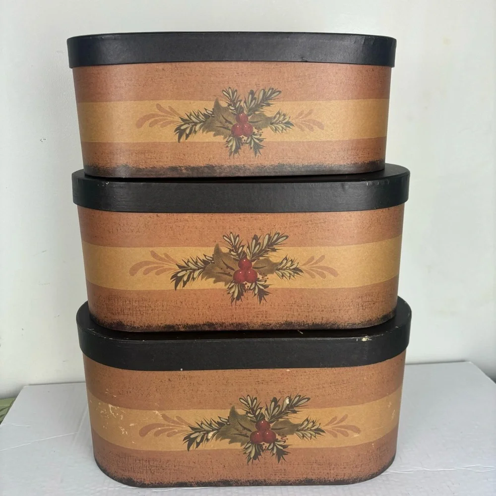 Set of 3-nesting oblong boxes-pine & holly-primitive/rustic decor